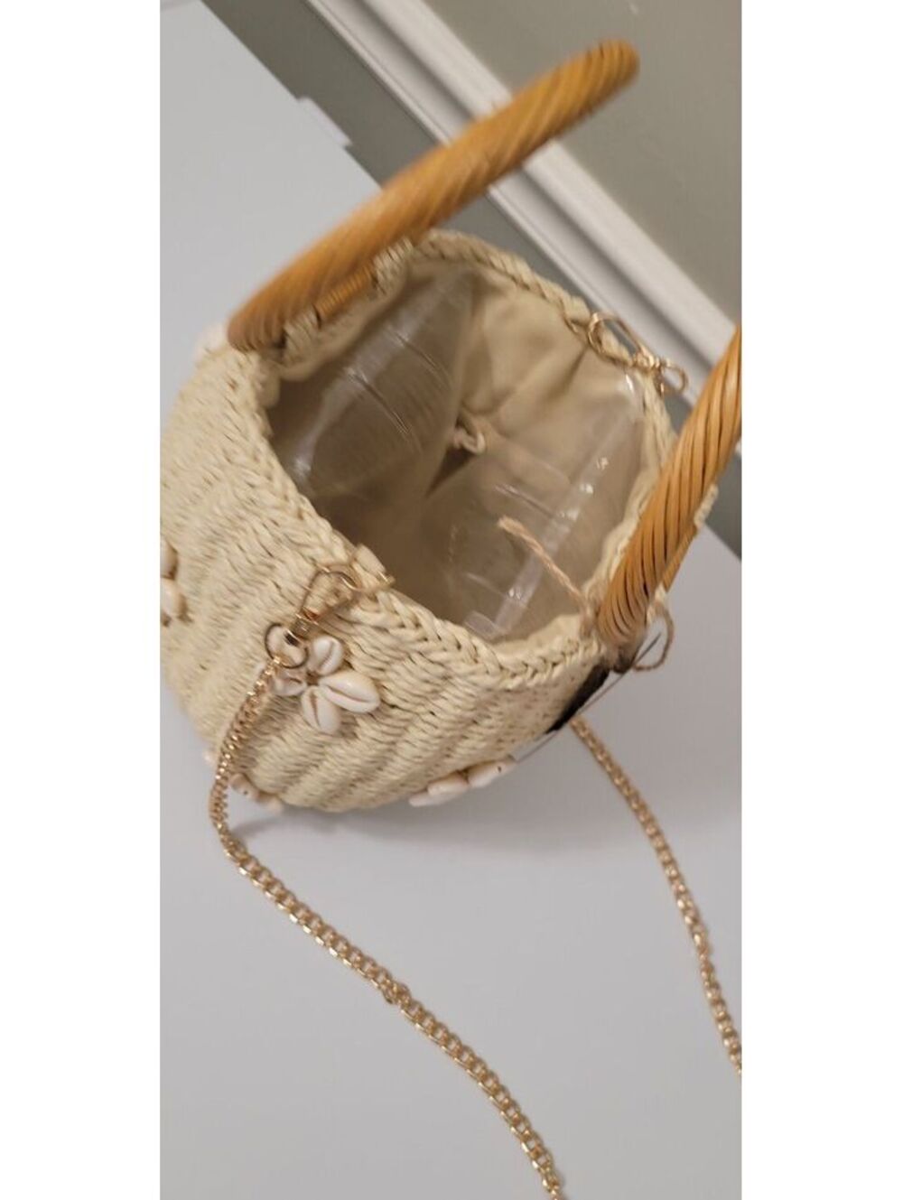 BRUN Pearl Women's Straw Bucket Bag Shell Gold Tone Chain Strap Handbag Purse. - Picture 7 of 8